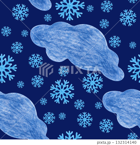 Seamless pattern with hand-drawn clouds and snowflakes on a blue background. Drawing with colored pencils. Seamless winter template in the form of a child's drawing for wallpaper, textiles, packaging. 132314140