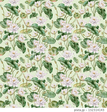 Seamless watercolor pattern featuring delicate white water lilies with green leaves. Hand-drawn lotus flowers on an isolated background, perfect for textiles and wrapping paper. 132314143