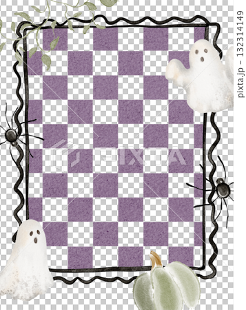 Watercolor Halloween frame with pumpkin, ghost, spider on a checker background. Seasonal border for card, banner, invitation, or postcard. Children's design for decoration. 132314149
