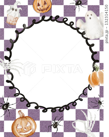 Halloween frame with ghost, skeleton, pumpkins on checker background. Watercolor illustration for card, banner, or invitation. Seasonal border with copy space. Halloween frame with ghost, skeleton, pumpkins on checker background. Watercolor illustration for card, banner, or invitation. Seasonal border with copy space. 132314150