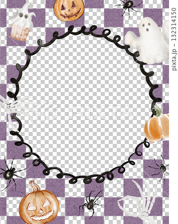 Halloween frame with ghost, skeleton, pumpkins on checker background. Watercolor illustration for card, banner, or invitation. Seasonal border with copy space. Halloween frame with ghost, skeleton, pumpkins on checker background. Watercolor illustration for card, banner, or invitation. Seasonal border with copy space. 132314150