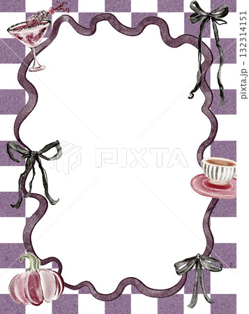 Watercolor Halloween frame with pumpkins, cocktails, black bows, and checker background. Seasonal Halloween border for cards, invitations, or festive layout. 132314151
