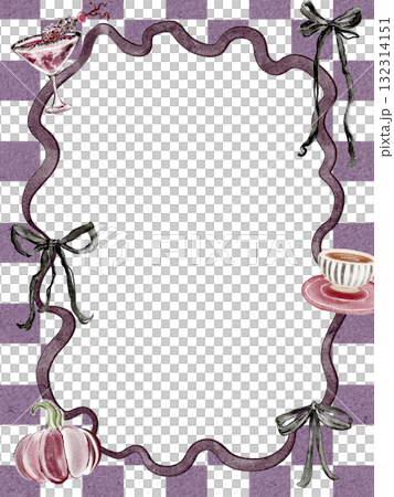 Watercolor Halloween frame with pumpkins, cocktails, black bows, and checker background. Seasonal Halloween border for cards, invitations, or festive layout. 132314151