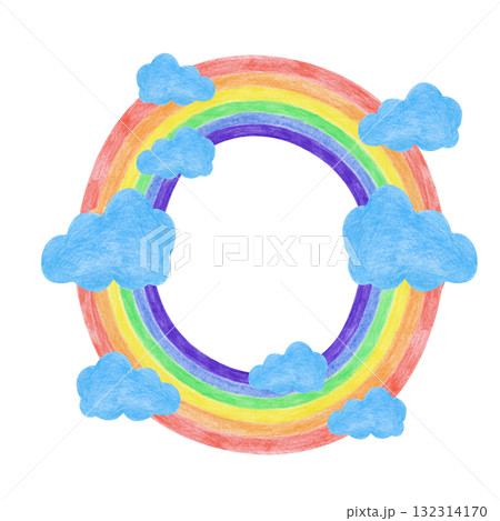 A round frame of rainbows and blue clouds, hand-drawn. Drawing with colored pencils. A child's drawing is isolated on a white background. A positive bright template with an empty place to insert. A round frame of rainbows and blue clouds, hand-drawn. Drawing with colored pencils. A child's drawing is isolated on a white background. A positive bright template with an empty place to insert. 132314170