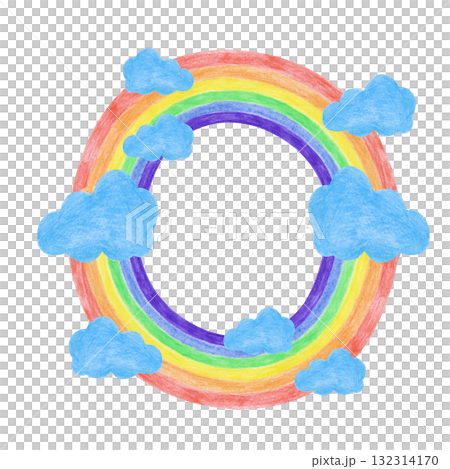 A round frame of rainbows and blue clouds, hand-drawn. Drawing with colored pencils. A child's drawing is isolated on a white background. A positive bright template with an empty place to insert. A round frame of rainbows and blue clouds, hand-drawn. Drawing with colored pencils. A child's drawing is isolated on a white background. A positive bright template with an empty place to insert. 132314170