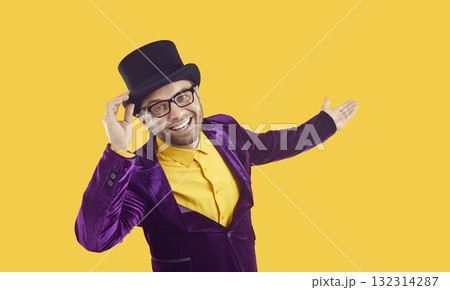 Happy smiling young man in retro style party outfit. Happy smiling young man in retro style party outfit. 132314287