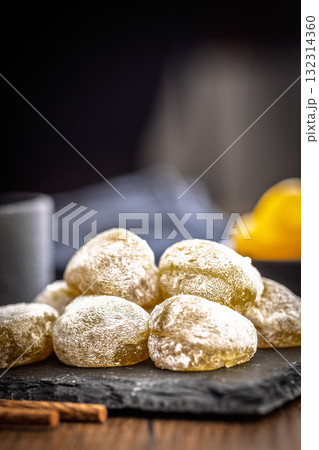 Japanese mochi dessert on plate on wooden table. Japanese mochi dessert on plate on wooden table. 132314360