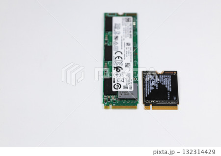 NVME PCIe solid-state drive in the M.2 2230 and 2280 form factor isolated on white background. NVME PCIe solid-state drive in the M.2 2230 and 2280 form factor isolated on white background. 132314429