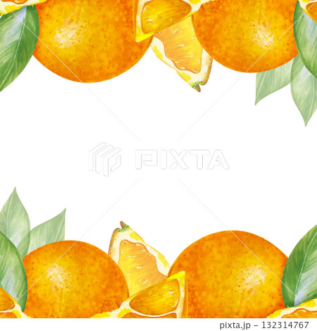 Watercolor square frame with bright fruits. A hand-drawn illustration depicting whole oranges, slices and green leaves on a white background. The botanical frame with juicy seasonal fruits is isolated 132314767