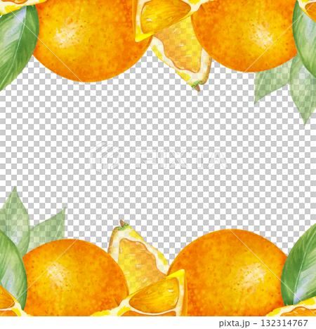 Watercolor square frame with bright fruits. A hand-drawn illustration depicting whole oranges, slices and green leaves on a white background. The botanical frame with juicy seasonal fruits is isolated 132314767