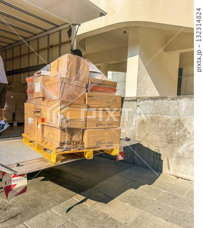Worker Unloading Cardboard Boxes from Truck on Pallet Delivery Concept Worker Unloading Cardboard Boxes from Truck on Pallet Delivery Concept 132314824