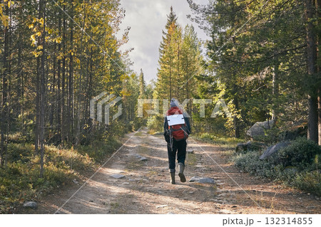 A tourist with a backpack walks along a road in the forest in sunny weather A tourist with a backpack walks along a road in the forest in sunny weather 132314855