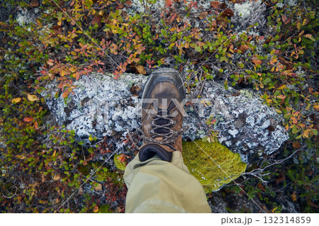 Hiking boot on a mossy rock, top view 132314859