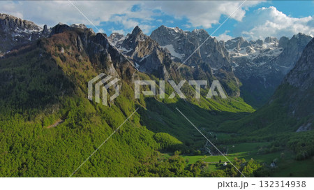Rocky snow mountains before sunset aerial 132314938