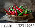 A woven basket overflows with fresh red and green chili peppers, set against a textured burlap cloth. The focus highlights the peppers' rich colors and natural sheen 132315062