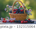 A beautifully arranged basket overflowing with ripe berries and colorful wildflowers rests on a picnic table, capturing the essence of a lovely outdoor gathering during sunset 132315064