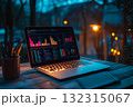 A data analyst's workspace glows with warmth, featuring a laptop displaying colorful dashboards. The evening atmosphere is tranquil, enhanced by soft lighting and a calming ambiance 132315067