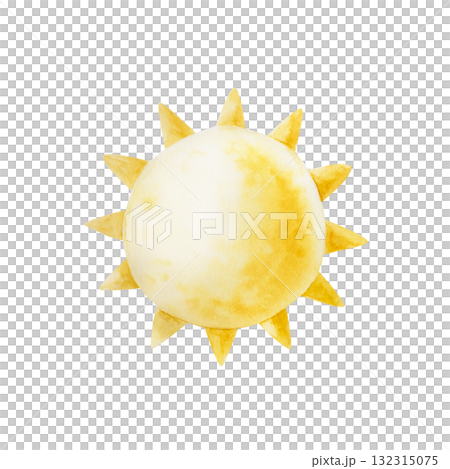 Yellow ink shiny sun. Watercolor hand drawn summer sunshine illustration isolated on background. For designers, postcards, greetings, birthday, calendar, wallpapers, wrapping paper, scrapbooking 132315075