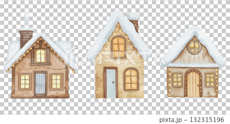 Watercolor illustration of three cozy wooden houses with warm glowing windows, chimneys, lights, and snow-covered roofs. Isolated on white background, festive winter scene 132315196