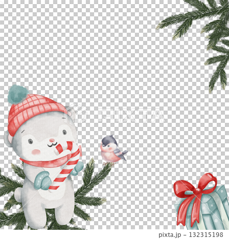 Watercolor Christmas card template with fir branches, gift with red bow, white bear in red hat, candy cane, and tit bird. Cute characters, childish style, space for text Watercolor Christmas card template with fir branches, gift with red bow, white bear in red hat, candy cane, and tit bird. Cute characters, childish style, space for text 132315198