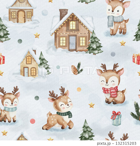 Seamless watercolor pattern with cute reindeer, snow-covered trees, and cozy wooden houses glowing with warm light. Winter holiday design in charming children style Seamless watercolor pattern with cute reindeer, snow-covered trees, and cozy wooden houses glowing with warm light. Winter holiday design in charming children style 132315203