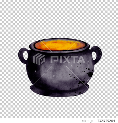 Watercolor illustration of a black witch cauldron with bubbling orange potion. Hand-painted Halloween element isolated on a white background, perfect for spooky and magical designs Watercolor illustration of a black witch cauldron with bubbling orange potion. Hand-painted Halloween element isolated on a white background, perfect for spooky and magical designs 132315204