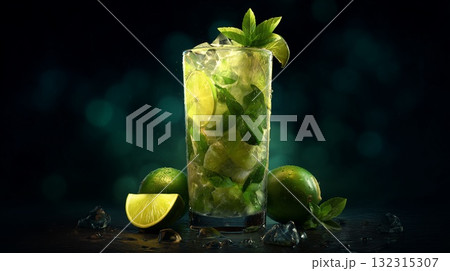 An iced mojito garnished with sprigs of mint in a tall glass 132315307