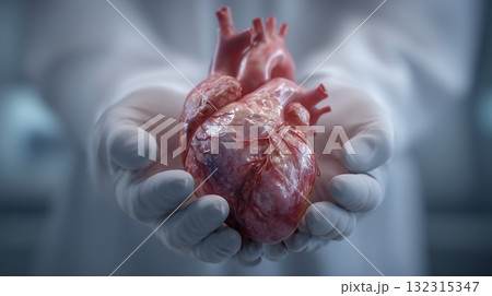 Doctor holding a detailed human heart anatomical mode Doctor holding a detailed human heart anatomical mode 132315347