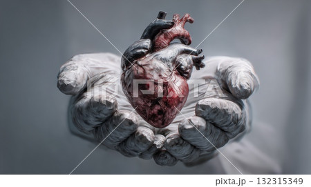 Gloved hands carefully present a detailed human heart model Gloved hands carefully present a detailed human heart model 132315349