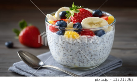 Chia seed pudding topped with fresh, colorful mixed fruits Chia seed pudding topped with fresh, colorful mixed fruits 132315368