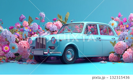 Blue vintage car surrounded by vibrant flowers Blue vintage car surrounded by vibrant flowers 132315436