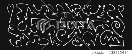 White arrow crayon brush marks with hand drawn chalk textures for navigation and directional designs. Curved, zigzag and spiral pointers sketched on black background. Rough doodle elements. White arrow crayon brush marks with hand drawn chalk textures for navigation and directional designs. Curved, zigzag and spiral pointers sketched on black background. Rough doodle elements. 132315484