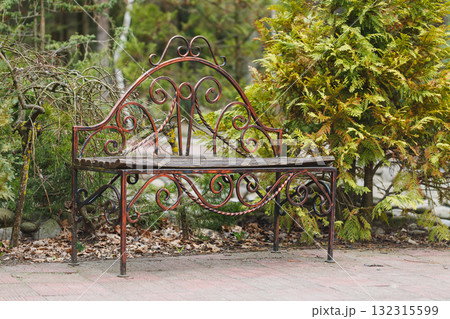 Decorative iron bench surrounded by lush greenery in a tranquil garden setting during early spring 132315599
