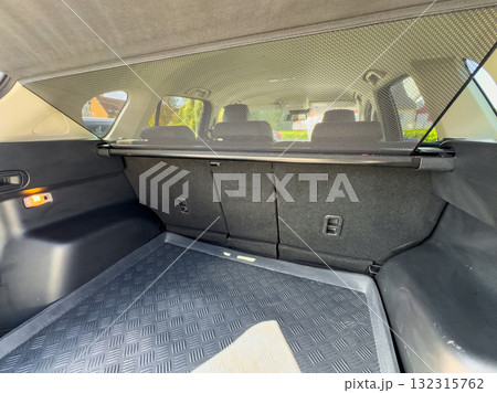 Car trunk interior view with protective mesh barrier and all-weather mat during daylight Car trunk interior view with protective mesh barrier and all-weather mat during daylight 132315762