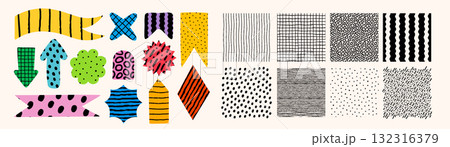 Abstract seamless pattern set with vector shapes and colorful arrows, ribbons, stars and blobs. Patterns with hand drawn crayon texture for fabric, wallpaper, wrapping. Drag to swatches panel. Abstract seamless pattern set with vector shapes and colorful arrows, ribbons, stars and blobs. Patterns with hand drawn crayon texture for fabric, wallpaper, wrapping. Drag to swatches panel. 132316379