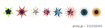 Glitter star stickers with layered sequin textures in green, blue, red, gold, and purple. Shiny confetti sparkle effect in mixed geometric star shapes. Vector design for crafts, party decor Glitter star stickers with layered sequin textures in green, blue, red, gold, and purple. Shiny confetti sparkle effect in mixed geometric star shapes. Vector design for crafts, party decor 132316381