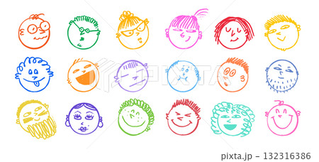 doodle emoji and Face crayon line icons in playful chalk sketch style with colorful hand-drawn smiles. Emoji doodle vector with fun expressions. Great for stickers, posters, kids projects 132316386