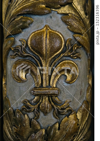 Painted acorns and leaves Small portion of Early 19th century painting. Filigree painted fleur de lis, flower of the valley. In gold paint with shadows on blue gray. French origin in photograph of 132316396