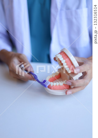 Dentist demonstrates how toDentist demonstrates how to brush teeth correctly. brush teeth correctly.  132316514