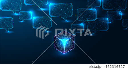 AI computing and digital infrastructure with glowing data cube and communication speech bubbles 132316527