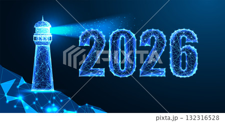 2026 New Year vector with glowing lighthouse shining light, vision, leadership, direction concept 132316528