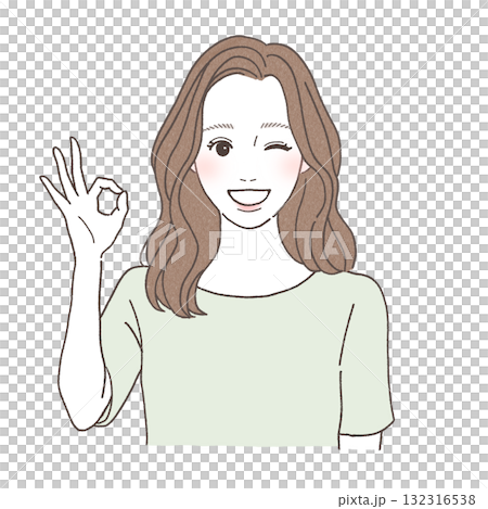 Illustration of a smiling woman making an OK sign and winking | Positive, bright, and forward-looking character material 132316538