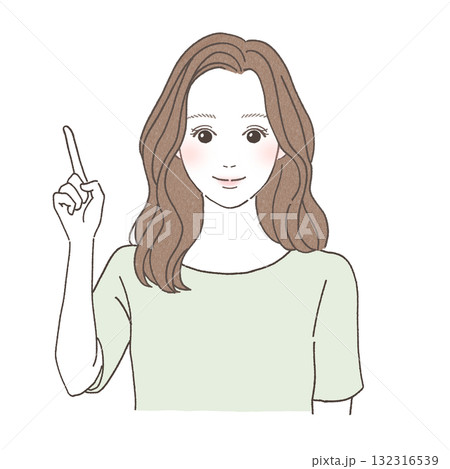 指さしポーズをする笑顔の女性のイラスト｜案内・説明・ビジネス・手描き人物素材 132316539