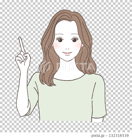 指さしポーズをする笑顔の女性のイラスト｜案内・説明・ビジネス・手描き人物素材 132316539