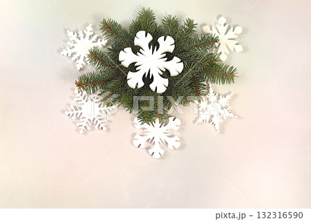 Festive winter greeting card and banner for the screen, beautiful Christmas and New Year background with a variety of snowflake patterns and live fir branches, layout for holiday advertising design Festive winter greeting card and banner for the screen, beautiful Christmas and New Year background with a variety of snowflake patterns and live fir branches, layout for holiday advertising design 132316590