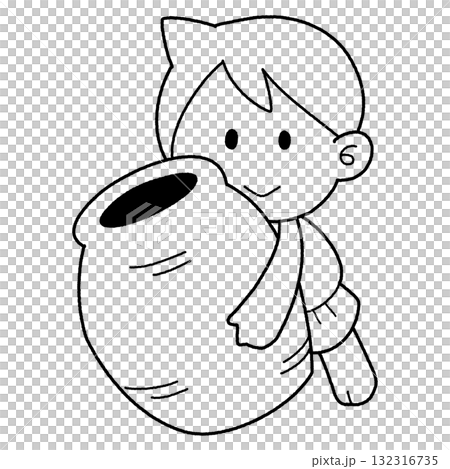 モノクロのかわいい瓶を抱える少年のイラスト（単品） 132316735