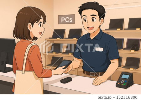 パソコン売り場で接客するスタッフと女性客 132316800