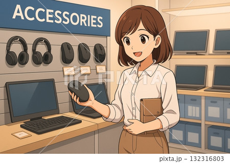 PCアクセサリー売り場でマウスを選ぶ女性 アニメ風イラスト PCアクセサリー売り場でマウスを選ぶ女性 アニメ風イラスト 132316803