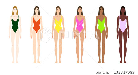 Female body girl skin color diversity shades front view vector set. Inclusive beauty human anatomy template, Female body girl skin color diversity shades front view vector set. Inclusive beauty human anatomy template, 132317085