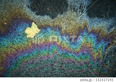 Colorful Oil Slick With a Single Leaf on Wet Pavement After Rain in an Urban Area Showing Vibrant Patterns and Reflections. Colorful Oil Slick With a Single Leaf on Wet Pavement After Rain in an Urban Area Showing Vibrant Patterns and Reflections. 132317143